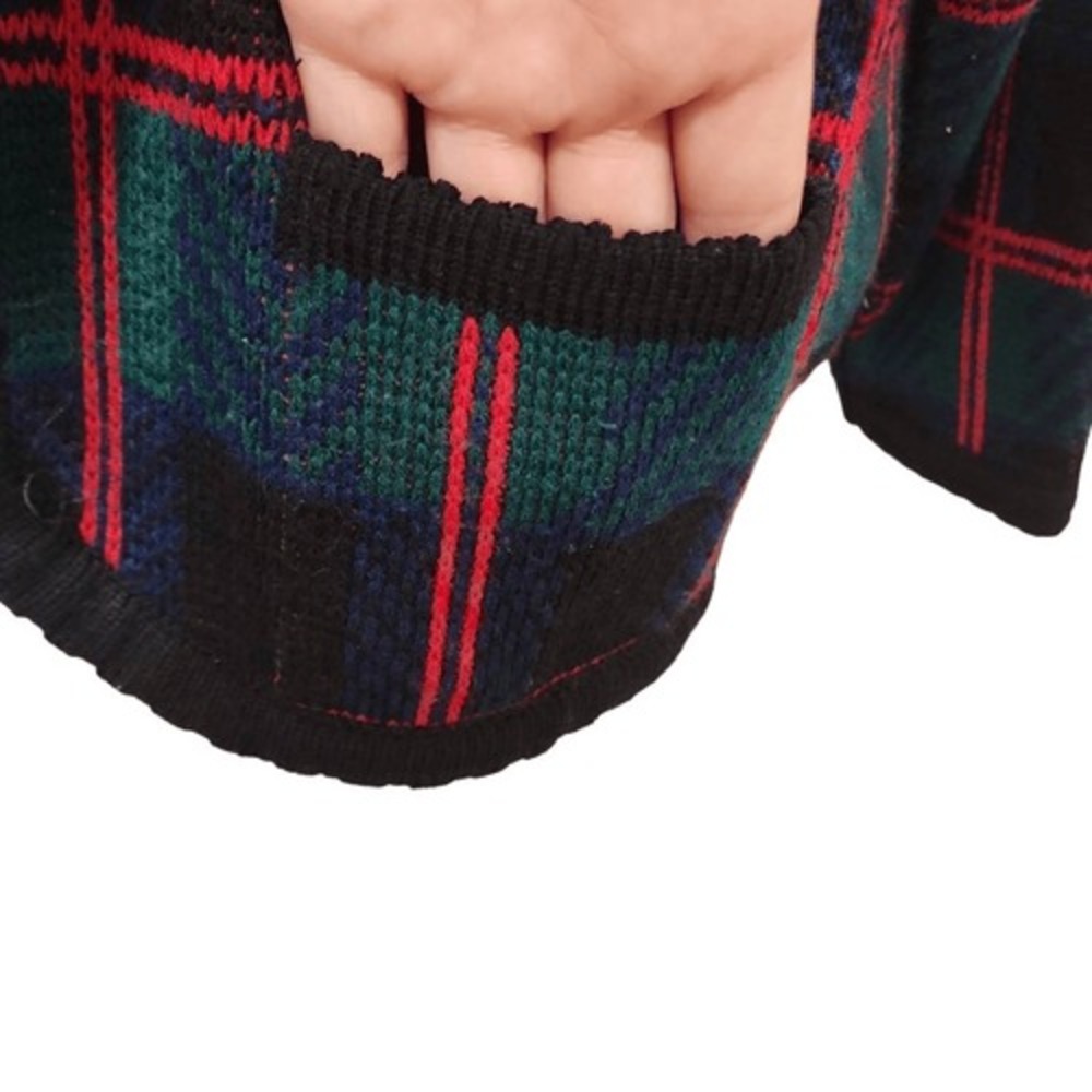 Vintage Tally-Ho Plaid Cardigan Sweater Medium Red Green Blue Crest Buttons 90s - Picture 9 of 12